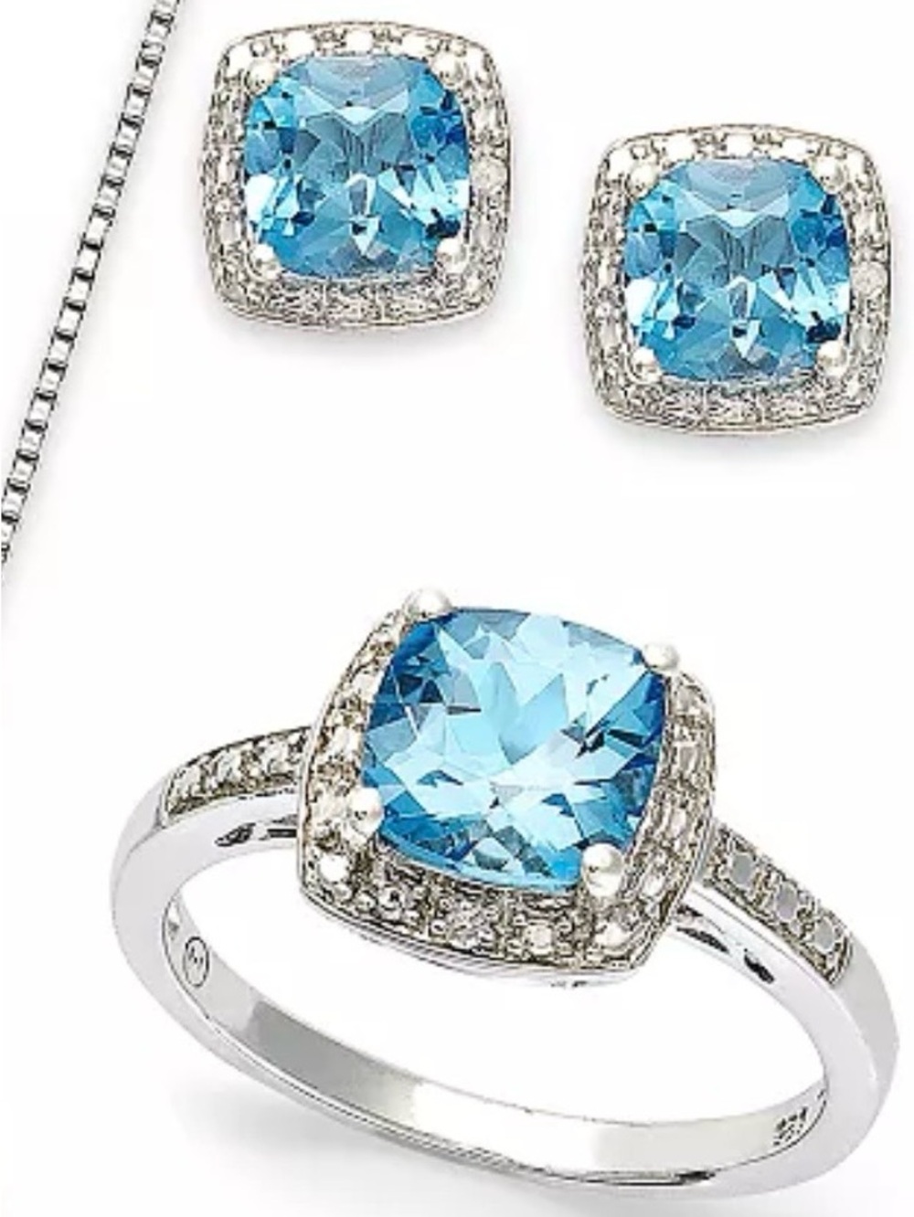 Sterling Silver Blue Topaz Cushion-Cut Ring and Stud Earrings Set Size 6